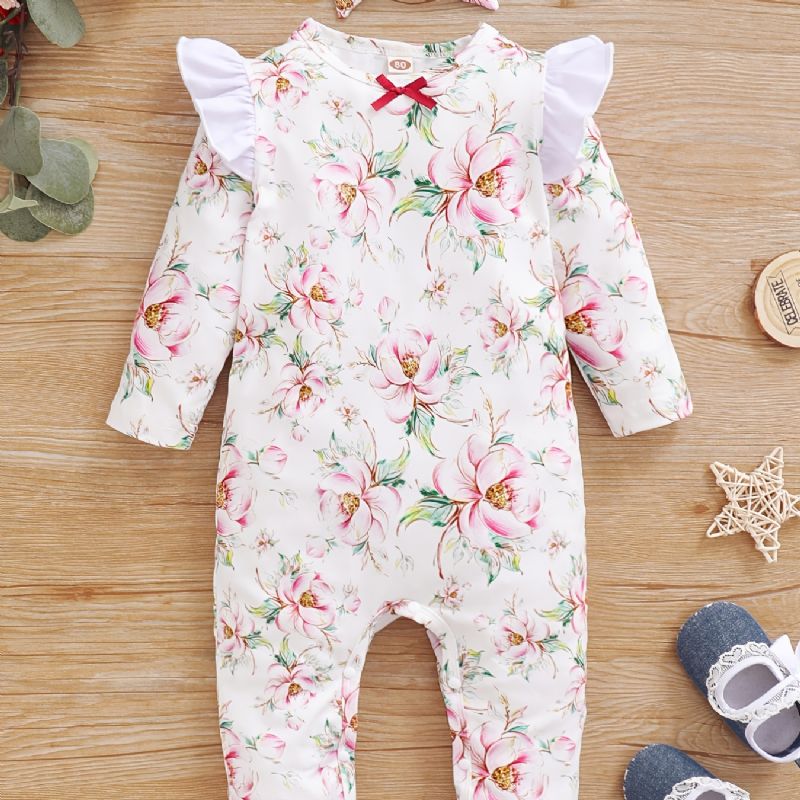 Toddler Baby Jumpsuit Blomster Print Rundhalset Langærmet Flueærmet Rullebukse & Sløjfe Pandebånd Til Piger