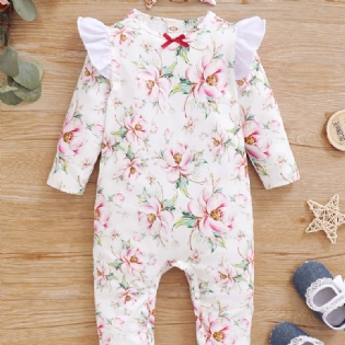 Toddler Baby Jumpsuit Blomster Print Rundhalset Langærmet Flueærmet Rullebukse & Sløjfe Pandebånd Til Piger