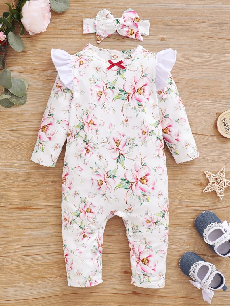 Toddler Baby Jumpsuit Blomster Print Rundhalset Langærmet Flueærmet Rullebukse & Sløjfe Pandebånd Til Piger