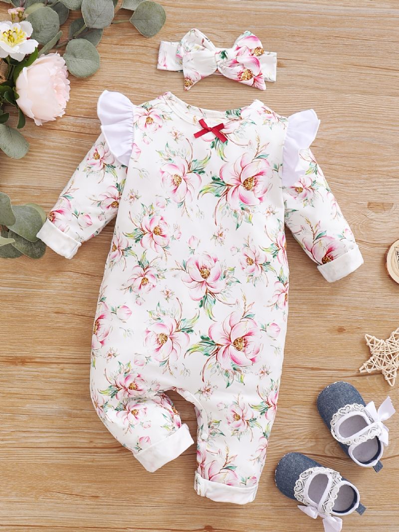 Toddler Baby Jumpsuit Blomster Print Rundhalset Langærmet Flueærmet Rullebukse & Sløjfe Pandebånd Til Piger