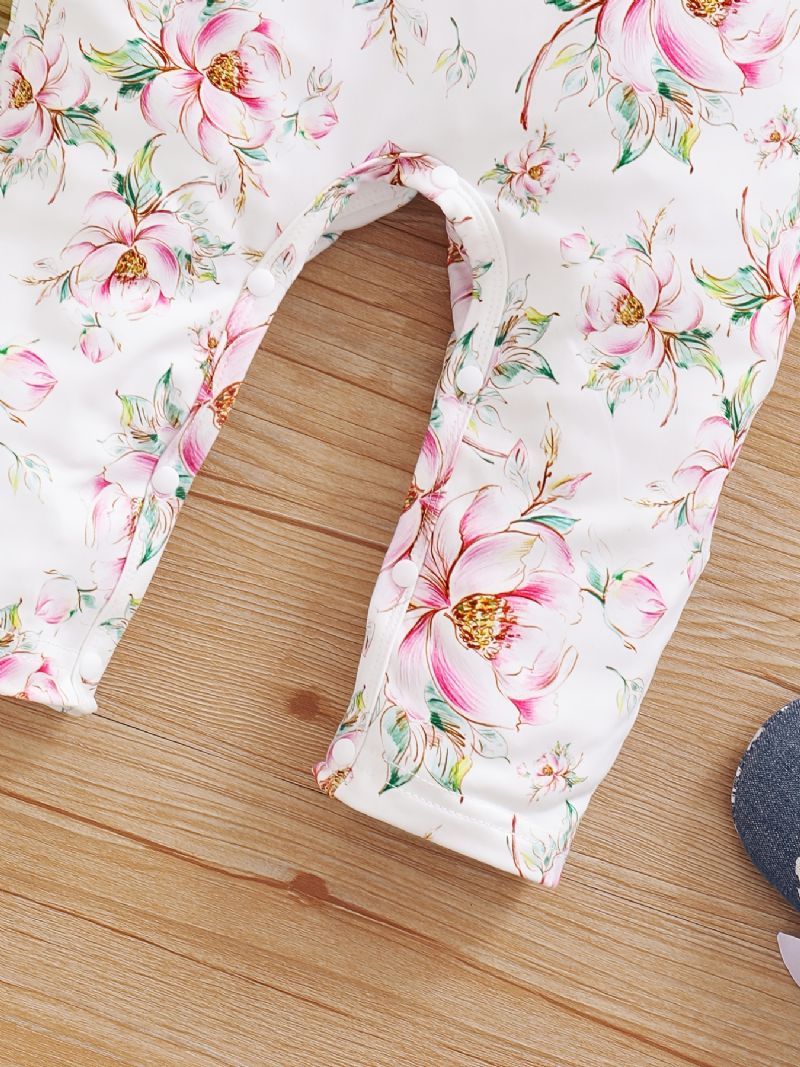 Toddler Baby Jumpsuit Blomster Print Rundhalset Langærmet Flueærmet Rullebukse & Sløjfe Pandebånd Til Piger