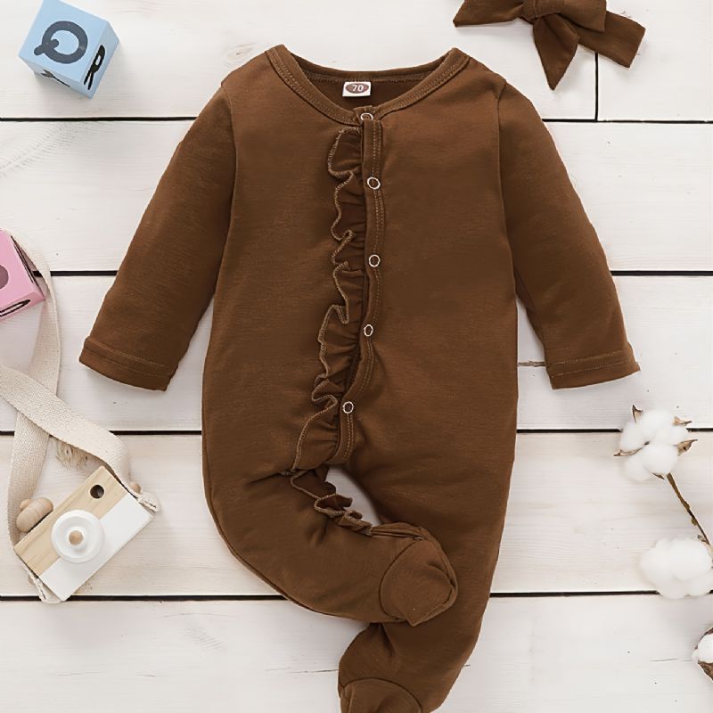 Toddler Baby Jumpsuit Flæsestrim Rund Hals Langærmet Rullebukser & Pandebånd Til Drenge Piger