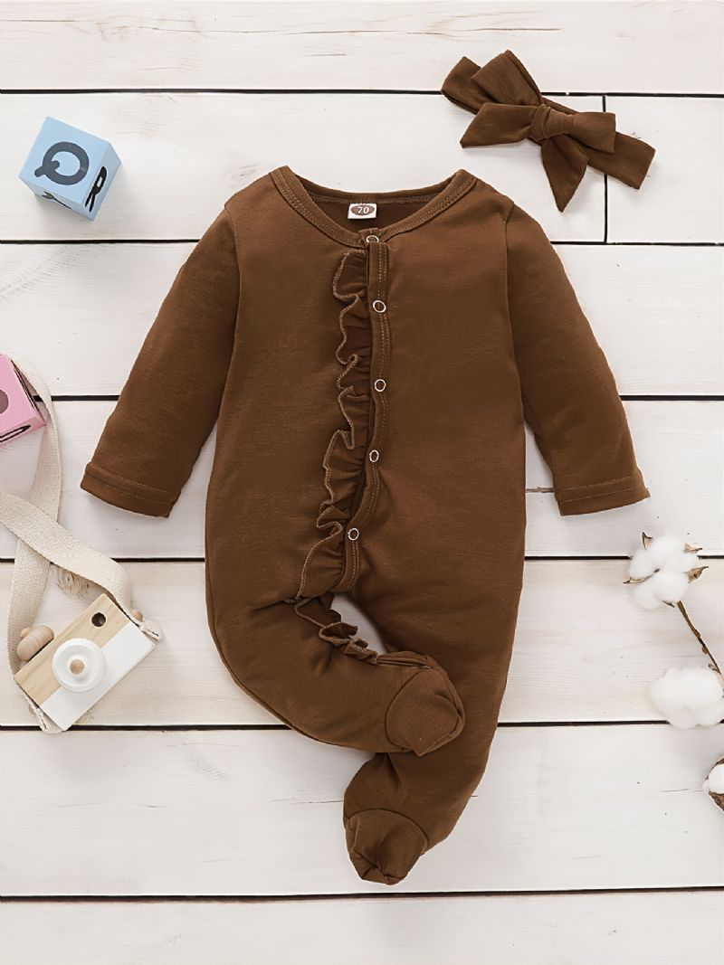 Toddler Baby Jumpsuit Flæsestrim Rund Hals Langærmet Rullebukser & Pandebånd Til Drenge Piger