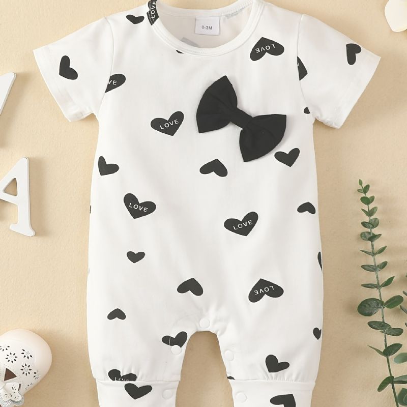 Toddler Baby Jumpsuit Hjerte Print Sløjfe Decor Rund Hals Kortærmet Rullebukser Til Drenge Piger