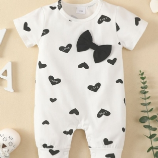 Toddler Baby Jumpsuit Hjerte Print Sløjfe Decor Rund Hals Kortærmet Rullebukser Til Drenge Piger