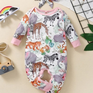 Toddler Baby Jumpsuit Tegnefilm Dyreprint Rundhalset Langærmet Rullebukser Til Piger Børn Tøj