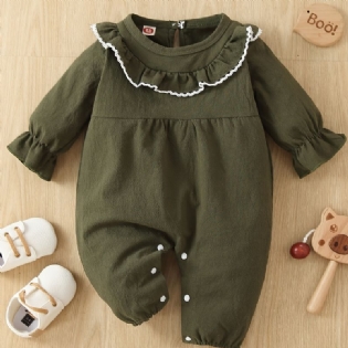 Toddler Baby Piger Jumpsuit Ensfarvet Flæse Trim Blonde Rund Hals Langærmet Rullebukser