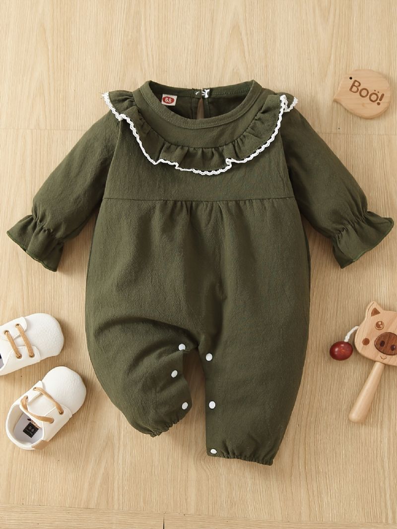 Toddler Baby Piger Jumpsuit Ensfarvet Flæse Trim Blonde Rund Hals Langærmet Rullebukser