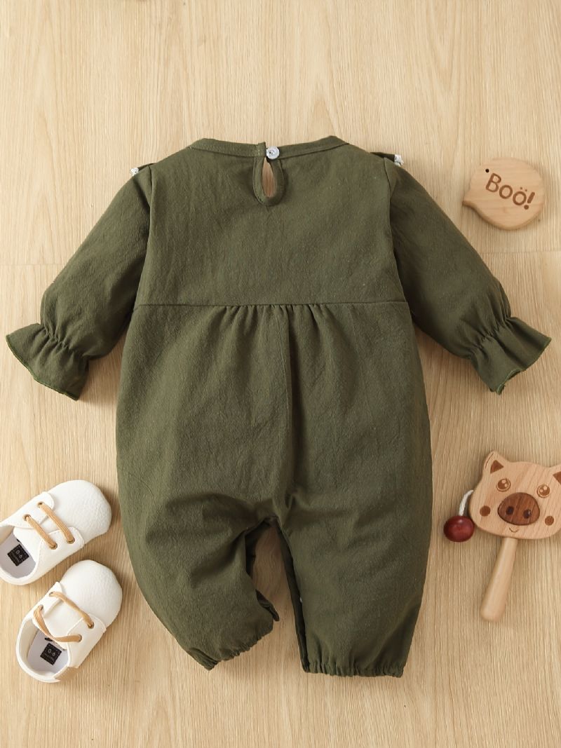 Toddler Baby Piger Jumpsuit Ensfarvet Flæse Trim Blonde Rund Hals Langærmet Rullebukser