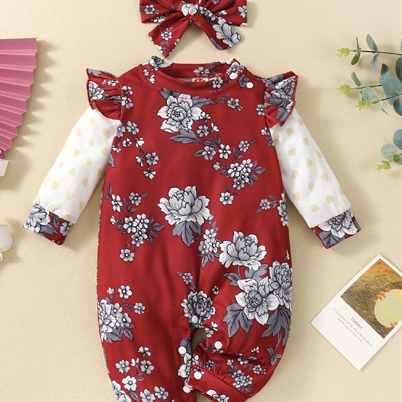 Toddler Baby Piger Jumpsuit Flæse Lange Ærmer Trøjer Med Blomster Print & Pandebånd Sæt