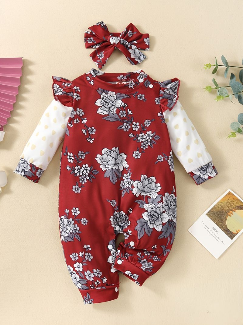 Toddler Baby Piger Jumpsuit Flæse Lange Ærmer Trøjer Med Blomster Print & Pandebånd Sæt