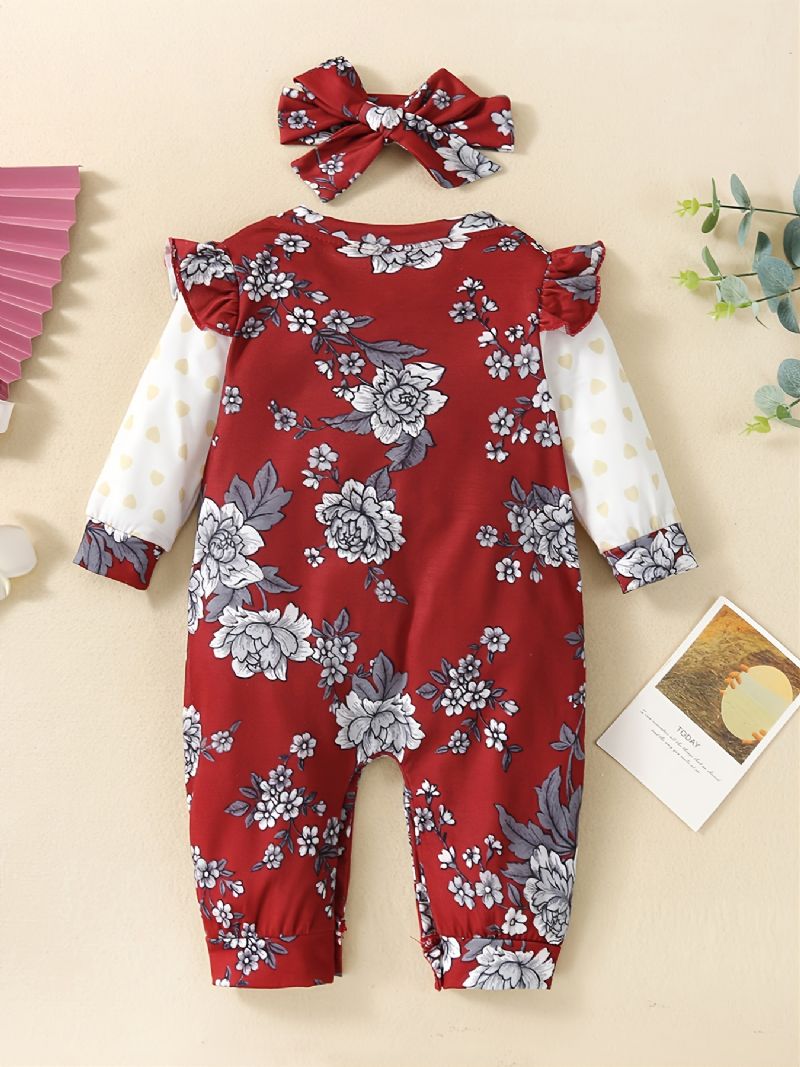 Toddler Baby Piger Jumpsuit Flæse Lange Ærmer Trøjer Med Blomster Print & Pandebånd Sæt