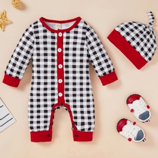 Toddler Baby Plaid Jumpsuit Rund Hals Langærmet Romper & Hatte Til Drenge Piger