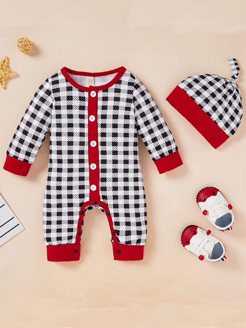 Toddler Baby Plaid Jumpsuit Rund Hals Langærmet Romper & Hatte Til Drenge Piger