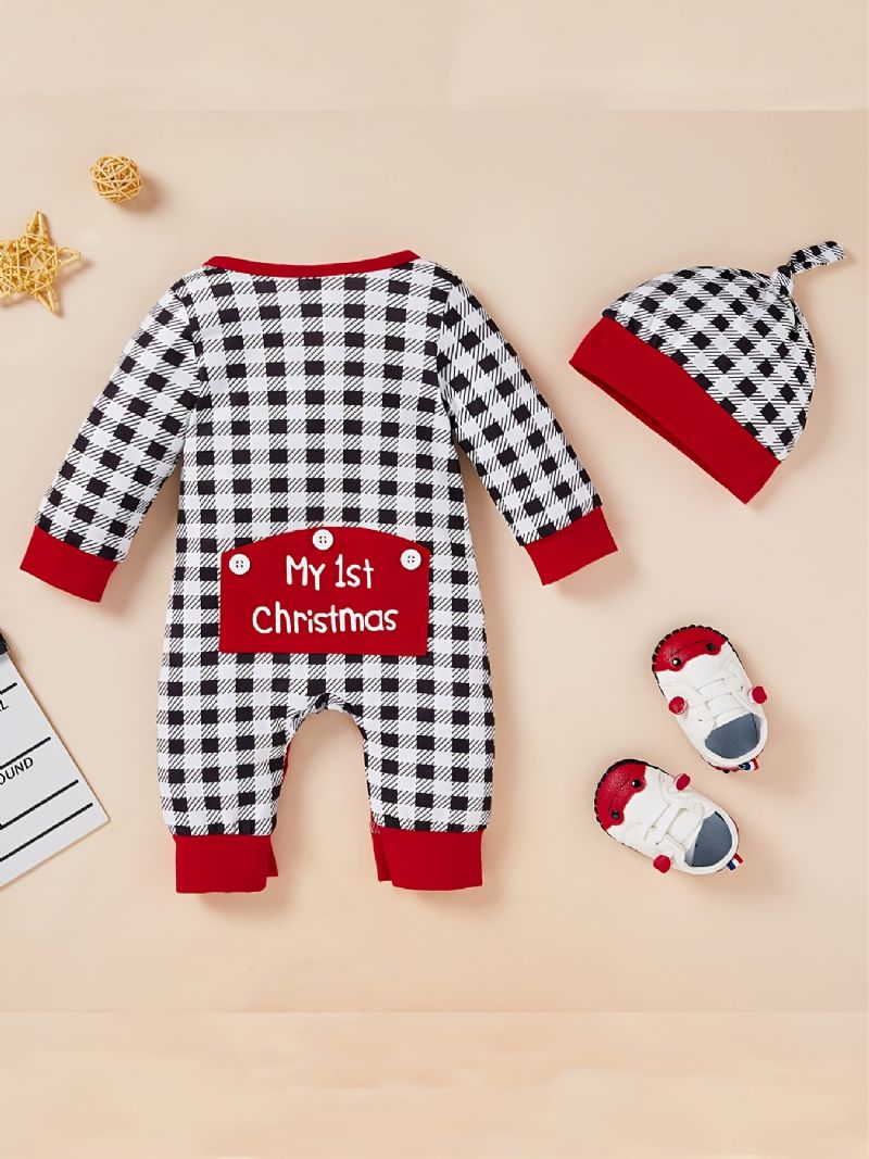 Toddler Baby Plaid Jumpsuit Rund Hals Langærmet Romper & Hatte Til Drenge Piger