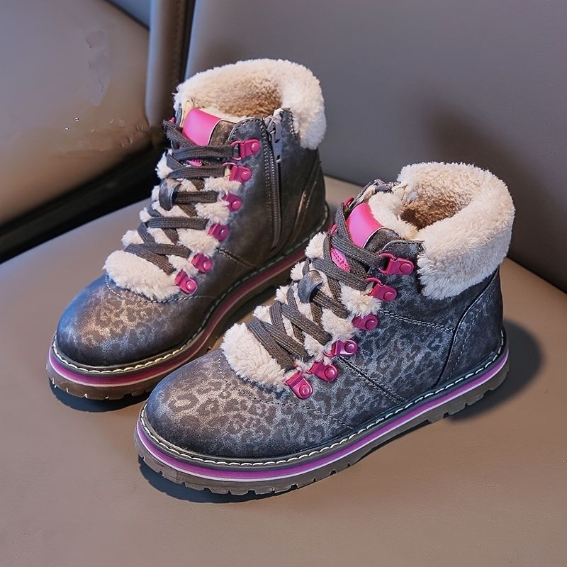 Piger Fleece Snestøvler Leopard High Top Canvas Sko Sneakers Med Sidelynlåsrem Til Vinteren
