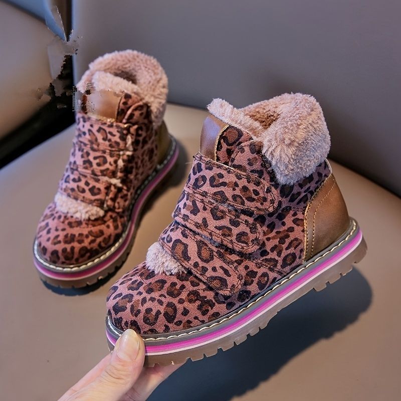 Termiske Snestøvler I Fleece Til Piger Med Leopardprint Skridsikre Krogløkkestøvler Til Vinter