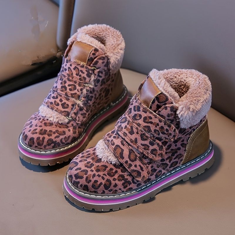 Termiske Snestøvler I Fleece Til Piger Med Leopardprint Skridsikre Krogløkkestøvler Til Vinter