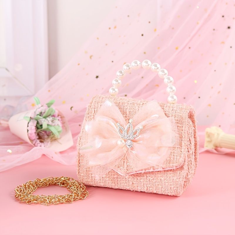 Baby Piger Crown Bow Mesh Decor Pearl Håndtaske Crossbody Bag Prinsesse Skuldertaske Kæde Taske