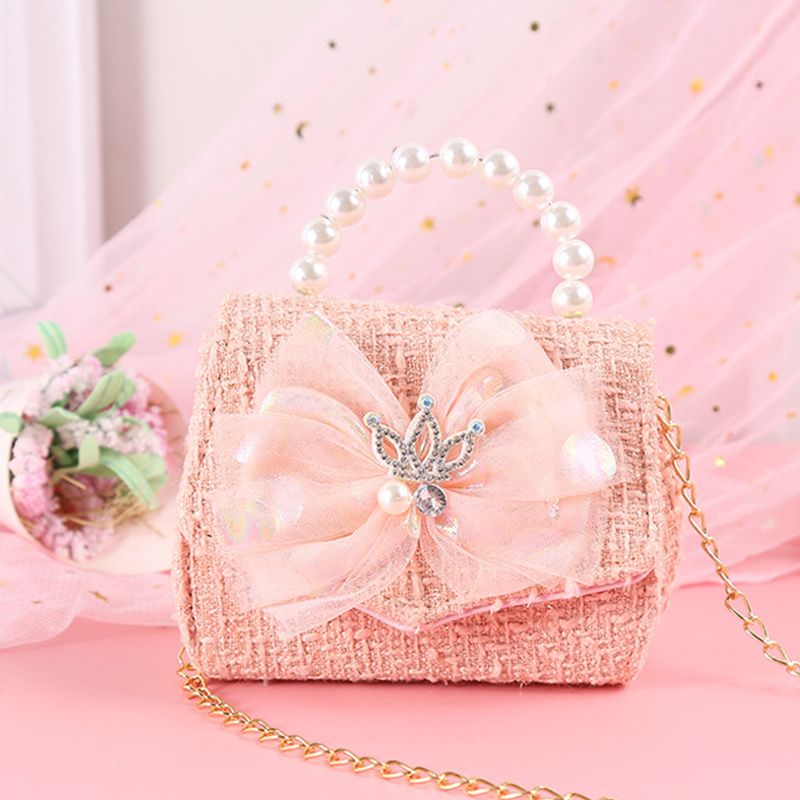 Baby Piger Crown Bow Mesh Decor Pearl Håndtaske Crossbody Bag Prinsesse Skuldertaske Kæde Taske