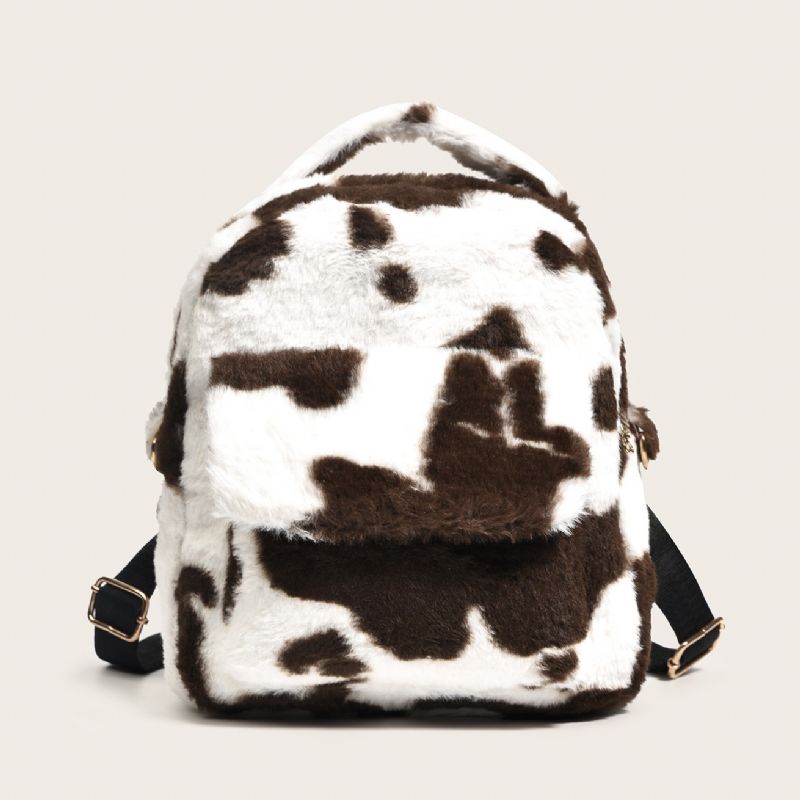 Dame Fuzzy Cow Print Rygsæk Pige Plys Fluffy Cute Small Bakckpack Skoletaske