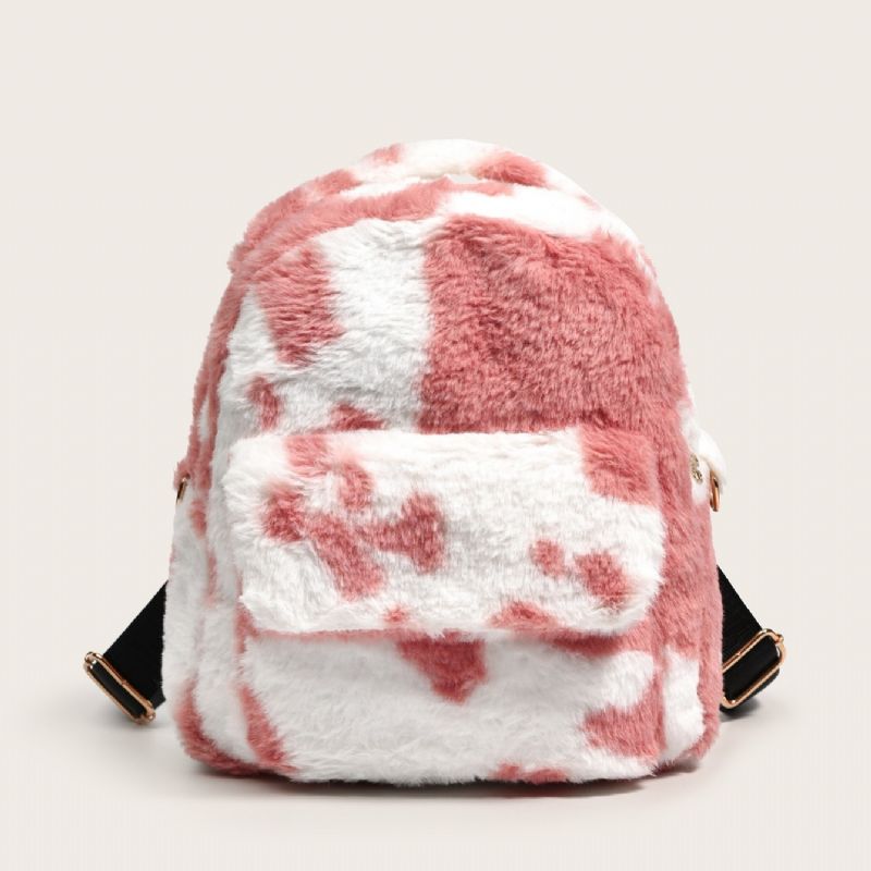 Dame Fuzzy Cow Print Rygsæk Pige Plys Fluffy Cute Small Bakckpack Skoletaske