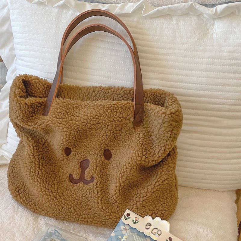 Kawaii Fluffy Håndtaske Cute Bear Tote Bag Fuzzy Skuldertaske Til Pige Teenager Kvinder Sød Stor Indkøbstaske