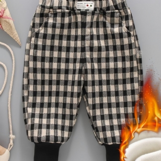 1 Stk Drenge Piger Fleece Termisk Plaid Print Bukser Til Vinter