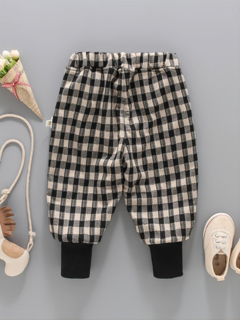 1 Stk Drenge Piger Fleece Termisk Plaid Print Bukser Til Vinter