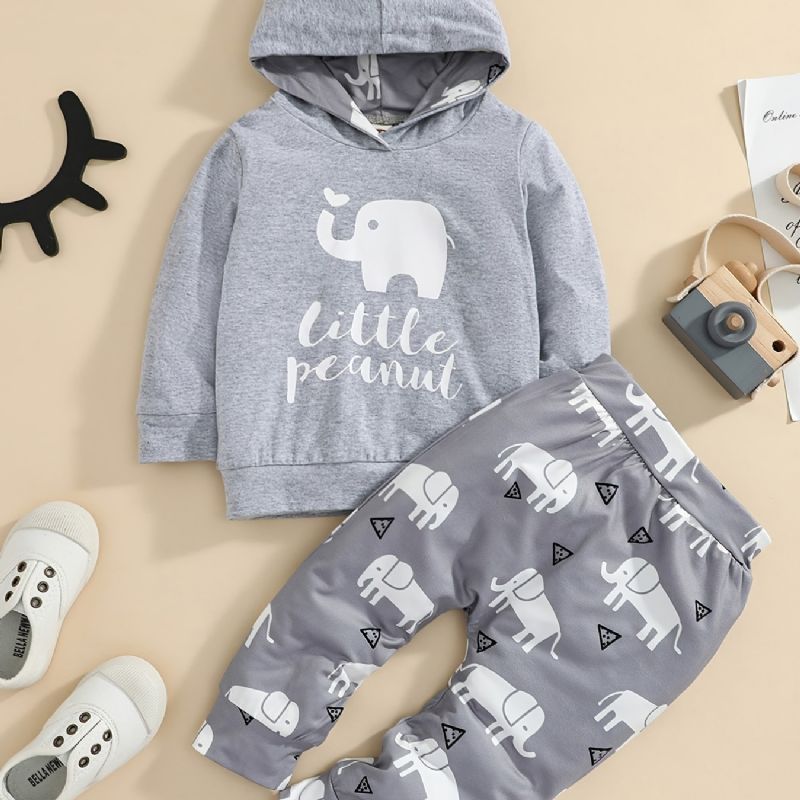 2 Stk Baby Hættetrøje Brev Elefant Print Langærmet Pullover Sweatshirt & Bukser Sæt Til Piger Drenge