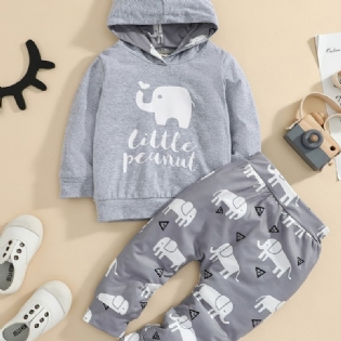 2 Stk Baby Hættetrøje Brev Elefant Print Langærmet Pullover Sweatshirt & Bukser Sæt Til Piger Drenge