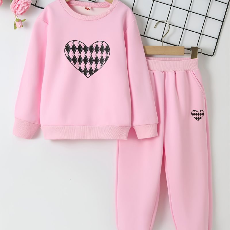 2 Stk Baby Piger Plaid Hjerte Mønster Pullover Rund Hals Langærmet Sweatshirt & Bukse Sæt