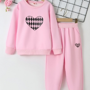 2 Stk Baby Piger Plaid Hjerte Mønster Pullover Rund Hals Langærmet Sweatshirt & Bukse Sæt