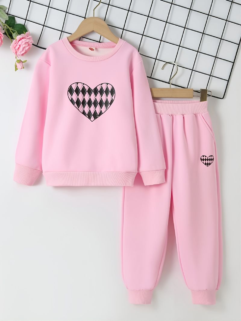 2 Stk Baby Piger Plaid Hjerte Mønster Pullover Rund Hals Langærmet Sweatshirt & Bukse Sæt