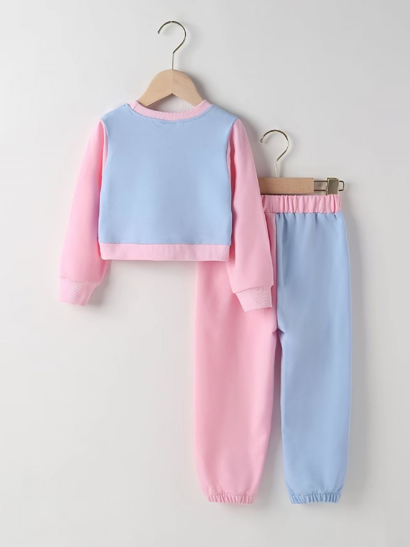 2 Stk Babypiger Brevtryk Crop Pullover Rundhalset Langærmet Farveblok Sweatshirt & Buksesæt Børnetøj