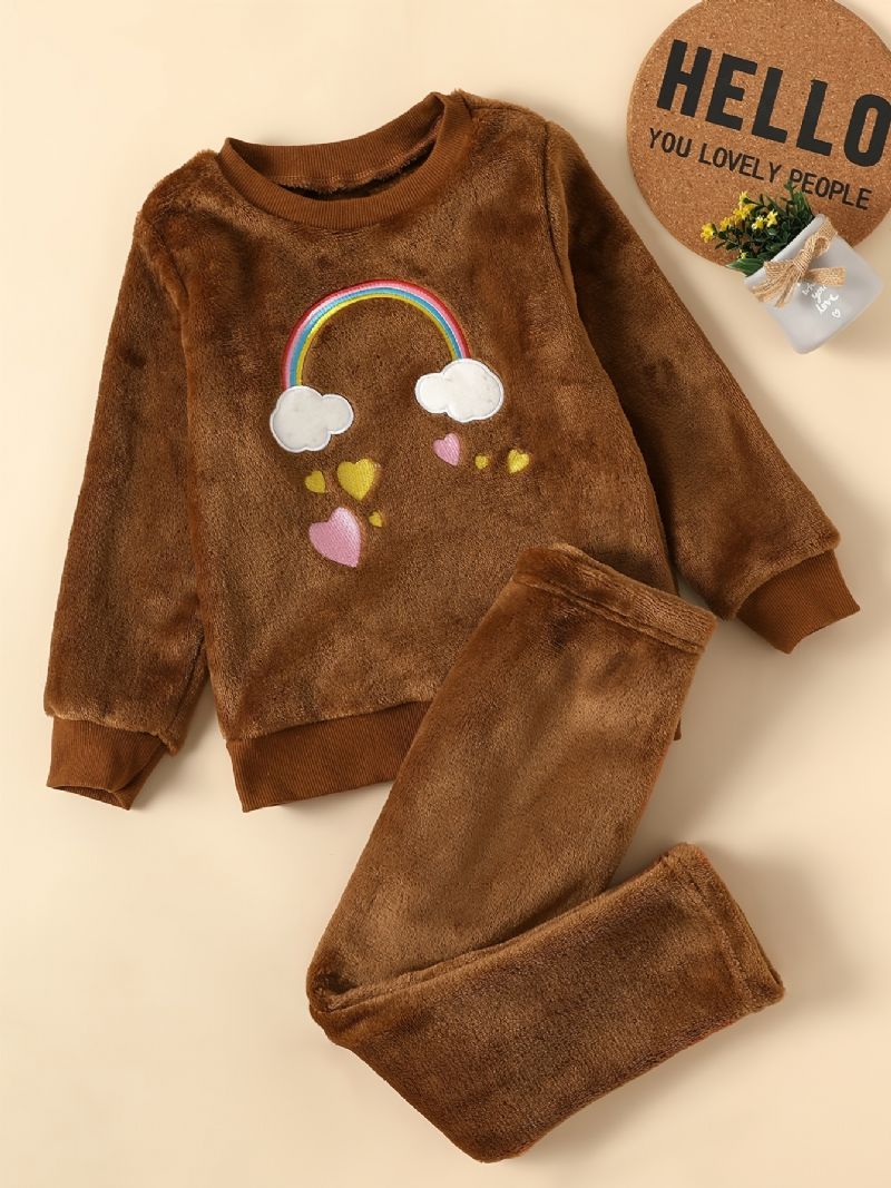 2 Stk Babypiger Cloud Rainbow Broderet Plys Pullover Langærmet Sweatshirt & Buksesæt Børnetøj