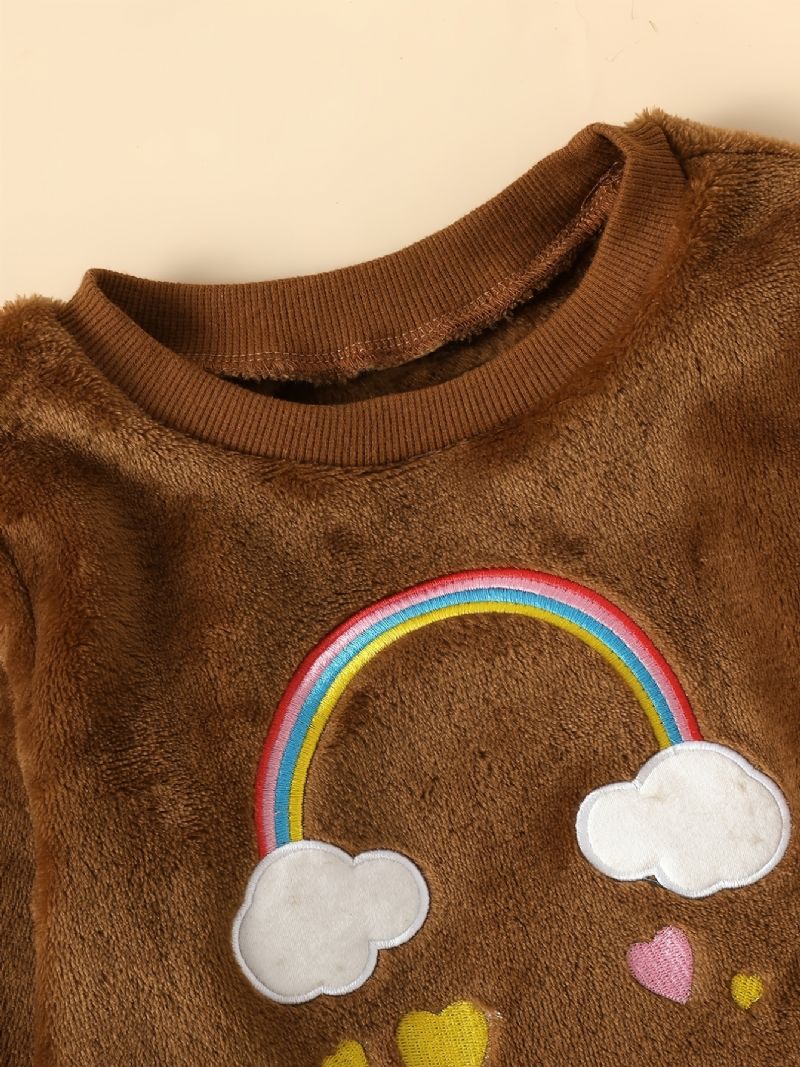 2 Stk Babypiger Cloud Rainbow Broderet Plys Pullover Langærmet Sweatshirt & Buksesæt Børnetøj