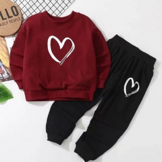 2 Stk Babypiger Pullover Rundhalset Langærmet Hjertetryk Sweatshirt & Buksesæt Børnetøj