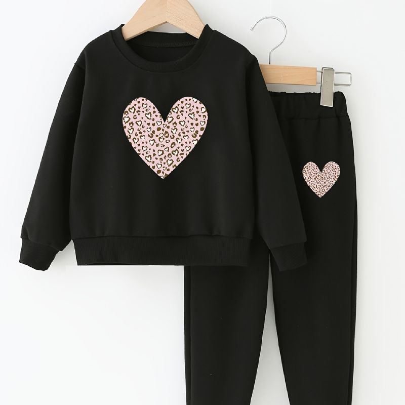 2 Stk Babypiger Pullover Rundhalset Langærmet Hjertetryk Sweatshirt & Buksesæt Børnetøj