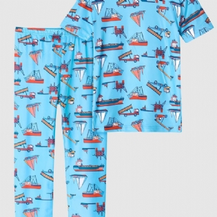 2 Stk Drenge Casual Pyjamas Sæt Rundhals Kortærmede Toppe & Bukser Med Båd Print