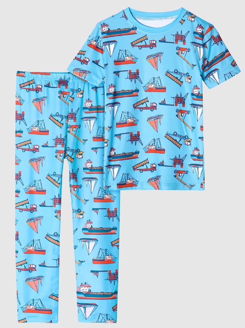 2 Stk Drenge Casual Pyjamas Sæt Rundhals Kortærmede Toppe & Bukser Med Båd Print