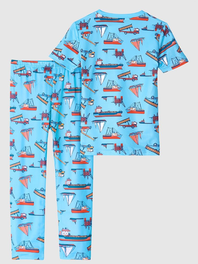 2 Stk Drenge Casual Pyjamas Sæt Rundhals Kortærmede Toppe & Bukser Med Båd Print