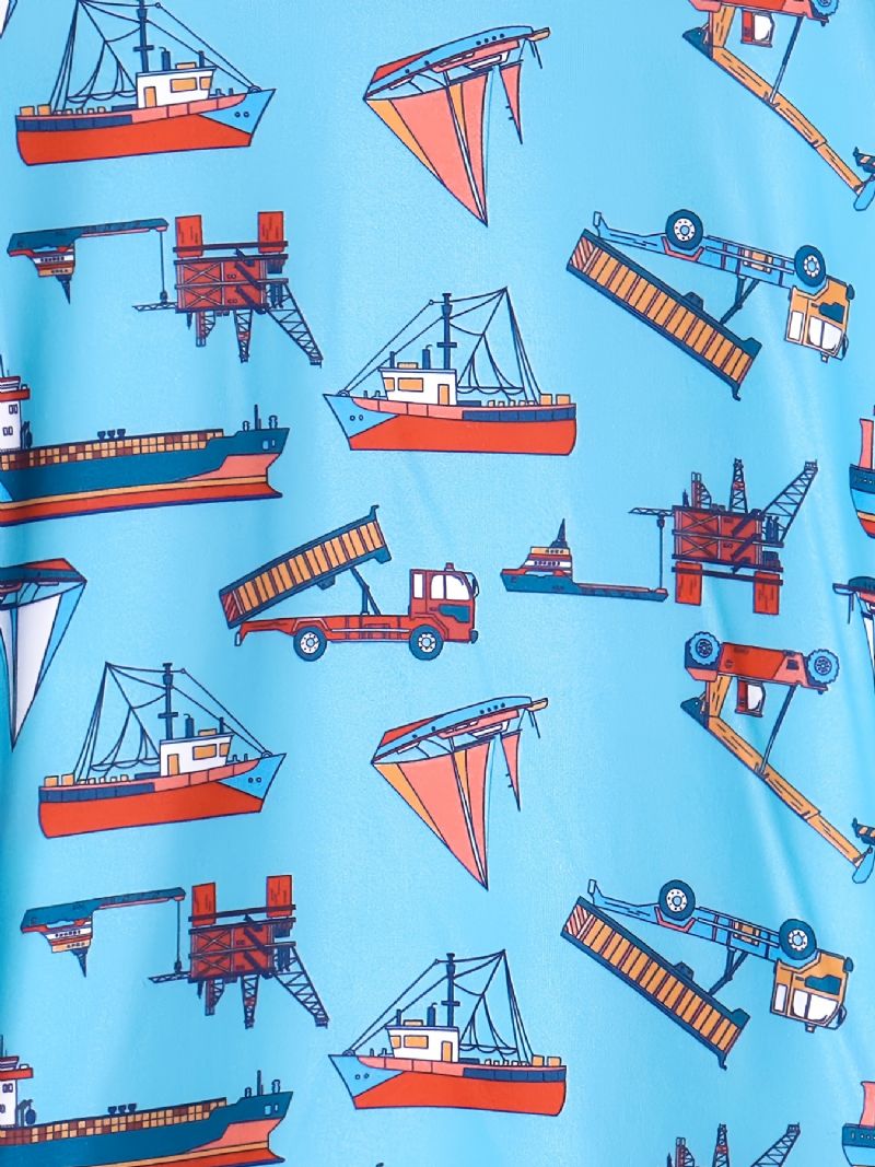 2 Stk Drenge Casual Pyjamas Sæt Rundhals Kortærmede Toppe & Bukser Med Båd Print