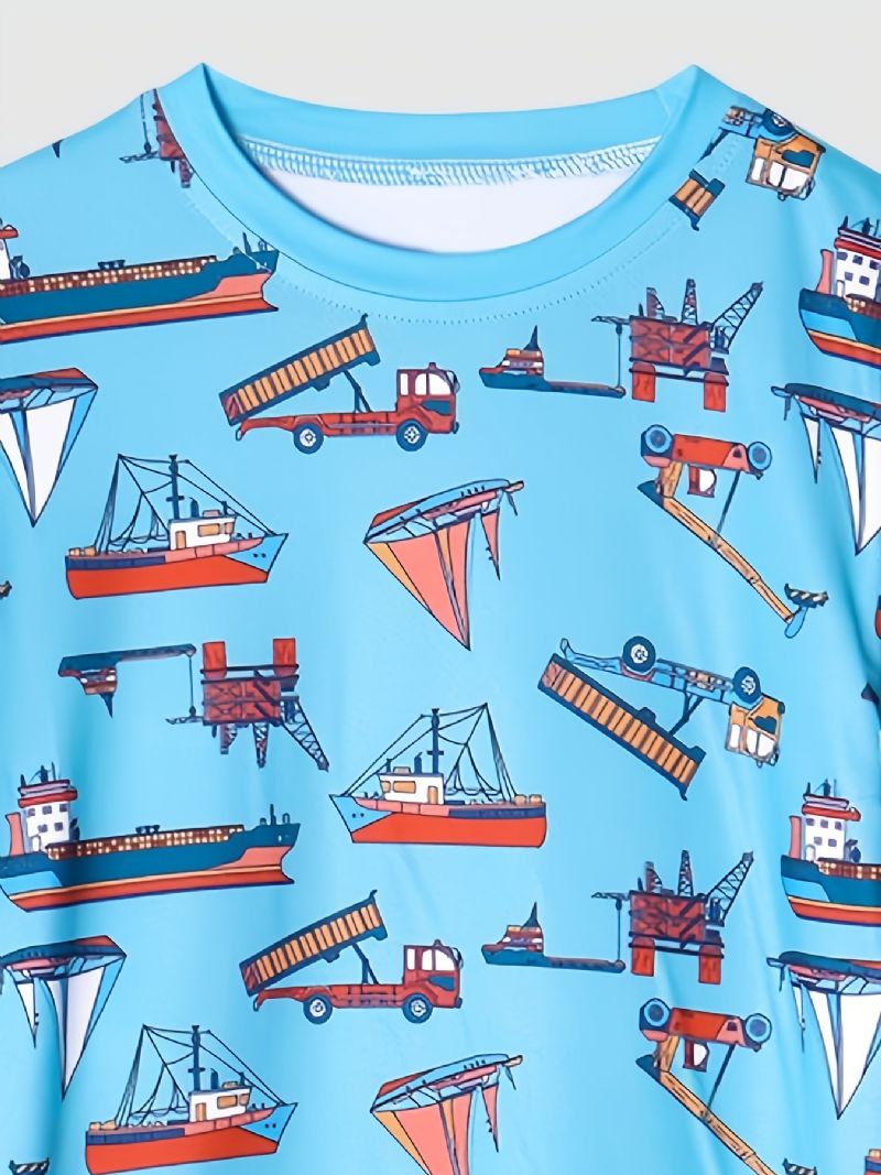 2 Stk Drenge Casual Pyjamas Sæt Rundhals Kortærmede Toppe & Bukser Med Båd Print