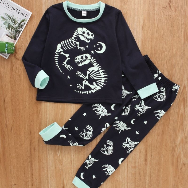 2 Stk Drenge Dinosaur Skelet Print Langærmet Casual Pyjamas Topbukser