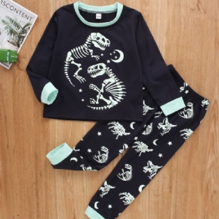 2 Stk Drenge Dinosaur Skelet Print Langærmet Casual Pyjamas Topbukser