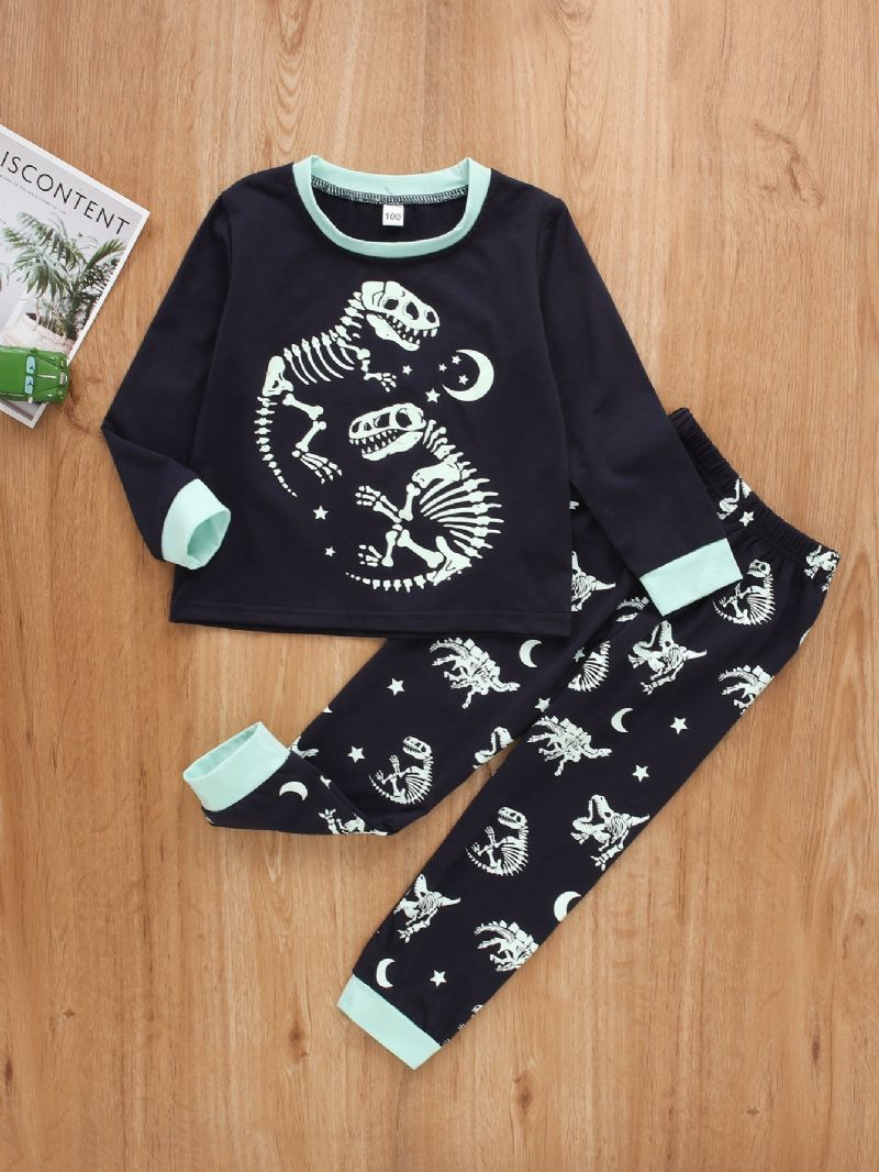 2 Stk Drenge Dinosaur Skelet Print Langærmet Casual Pyjamas Topbukser