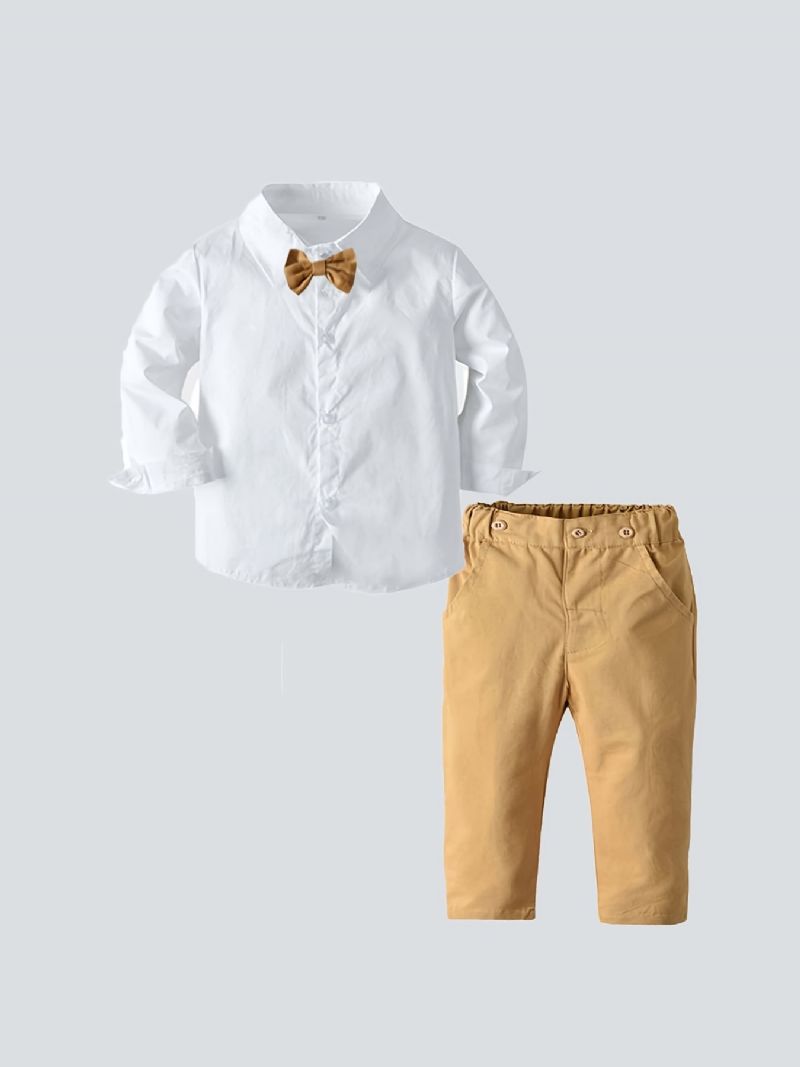 2 Stk Drenge Herre-outfits Med Langærmet Butterfly Hvid Skjorte & Kakibukser Til Præstation Fødselsdags Bryllupsfest