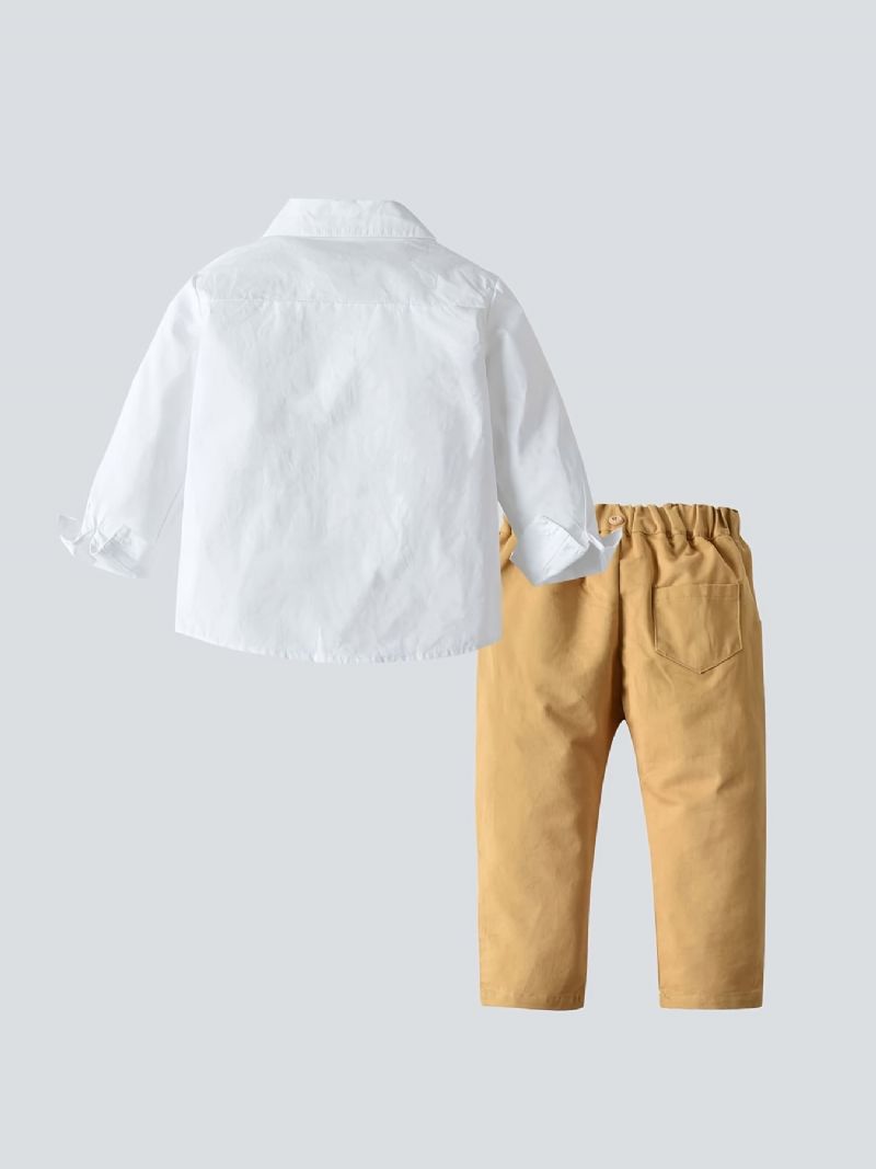 2 Stk Drenge Herre-outfits Med Langærmet Butterfly Hvid Skjorte & Kakibukser Til Præstation Fødselsdags Bryllupsfest