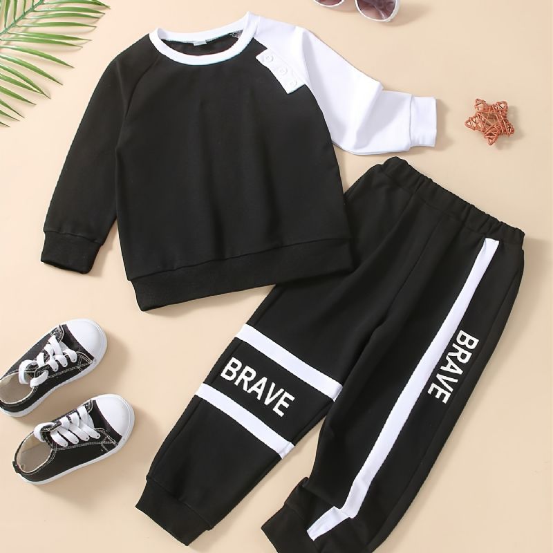 2 Stk Efterår & Vinter Drenge Casual Letter Print Patchwork Rundhals Sweatshirt Bukser
